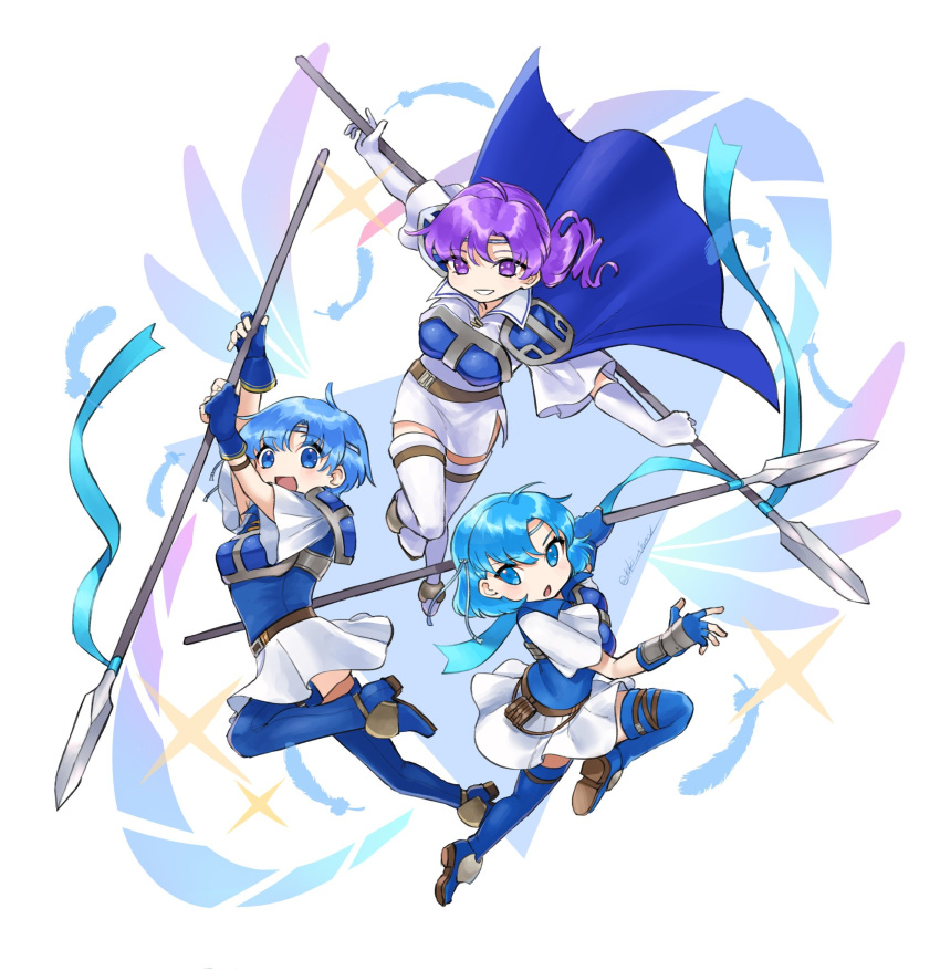 3girls armor blue_armor blue_cape blue_shirt blue_thighhighs breastplate cape fire_emblem fire_emblem:_the_binding_blade highres holding holding_polearm holding_weapon juno_(fire_emblem) looking_at_viewer multiple_girls open_mouth polearm shanna_(fire_emblem) shirt siblings sisters skirt smile thea_(fire_emblem) thigh-highs tsukimura_(d24f4z8j3t) weapon white_shirt white_skirt