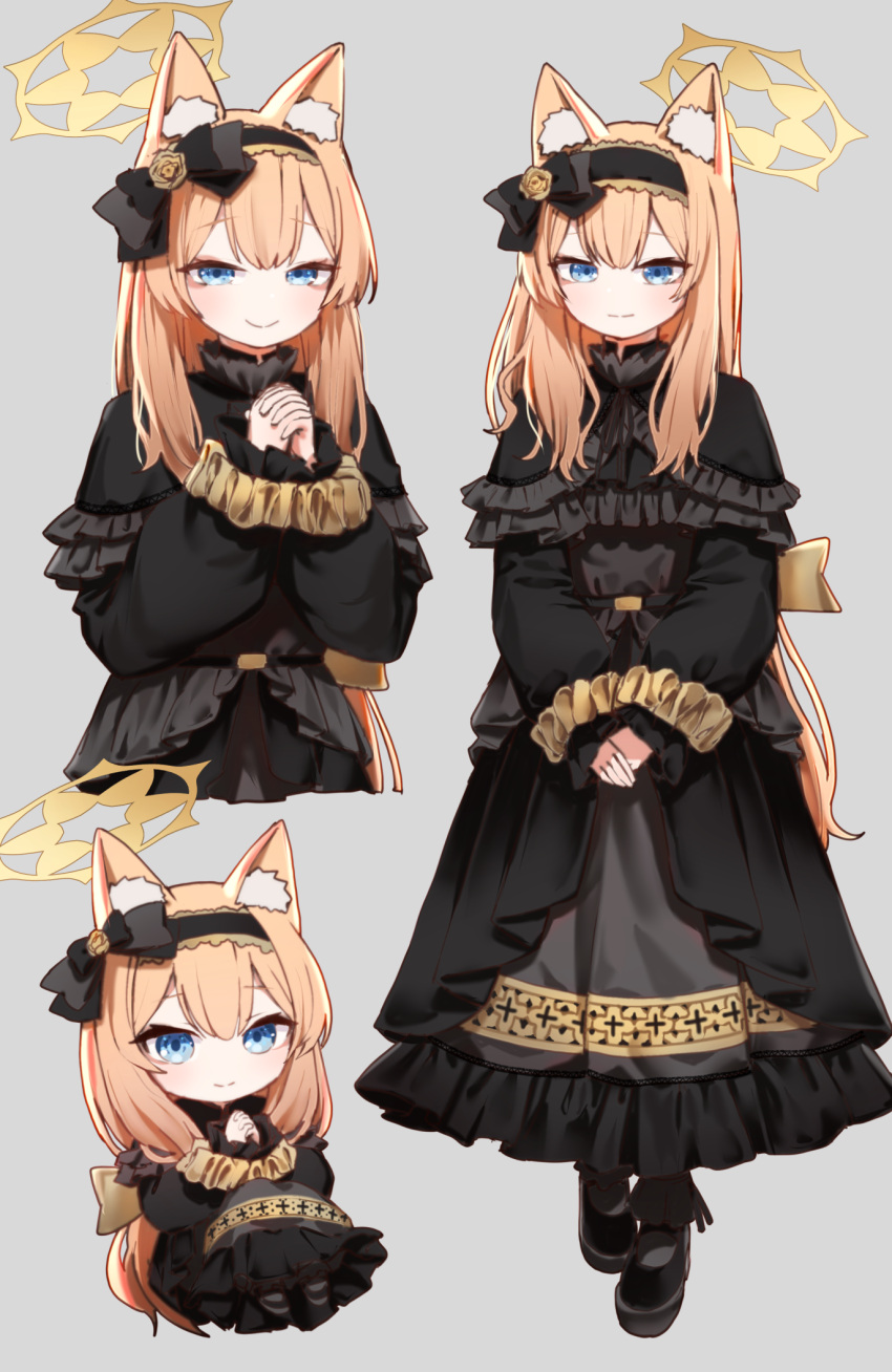 1girl animal_ears black_bow black_capelet black_dress black_footwear black_hairband blue_archive bow capelet chibi chibi_inset dress full_body gothic_lolita hairband halo highres lolita_fashion long_sleeves mari_(blue_archive) morotake multiple_views own_hands_clasped own_hands_together smile standing upper_body