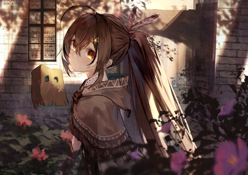 1girl 1other absurdres ahoge backlighting black_hair blurry blurry_foreground brick_wall brown_capelet brown_cloak brown_hair capelet cloak commentary dappled_sunlight expressionless feather_hair_ornament feathers flower friend_(nanashi_mumei) gloves hair_between_eyes hair_ornament hairclip hieroglyphics highres hololive hololive_english light_frown long_hair looking_at_viewer multicolored_hair muted_color nanashi_mumei nanashi_mumei_(1st_costume) outdoors partially_fingerless_gloves pink_flower ponytail shadow shirt sidelocks streaked_hair sunlight upper_body very_long_hair virtual_youtuber white_hair white_shirt window yellow_eyes yu_hydra
