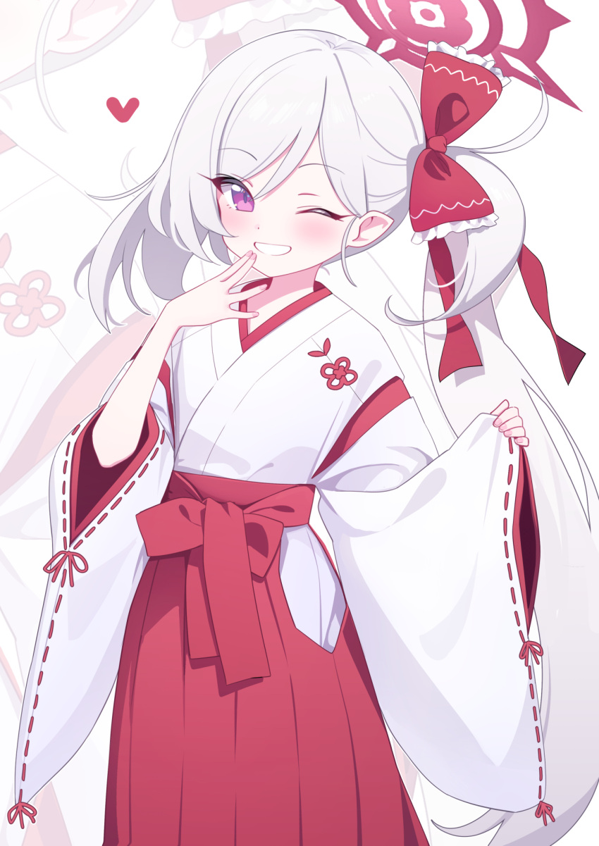 1girl blue_archive blush deadnooodles grey_hair grin hakama heart highres japanese_clothes long_hair long_sleeves looking_at_viewer miko mutsuki_(blue_archive) one_eye_closed red_hakama ribbon-trimmed_sleeves ribbon_trim side_ponytail smile solo violet_eyes wide_sleeves
