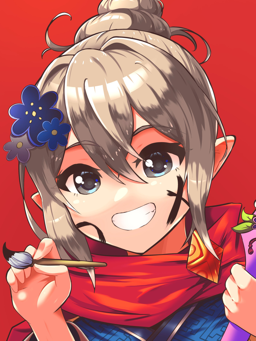 1girl absurdres blue_flower capelet english_commentary eyelashes fire_emblem fire_emblem_fates fire_emblem_heroes flower grey_eyes grey_hair hair_bun hair_flower hair_ornament highres holding holding_paintbrush kana_(female)_(fire_emblem) kana_(female)_(rising_sunlight)_(fire_emblem) kana_(fire_emblem) keldancon looking_at_viewer medium_hair paint paintbrush pointy_ears red_background red_capelet simple_background smile teeth upper_body