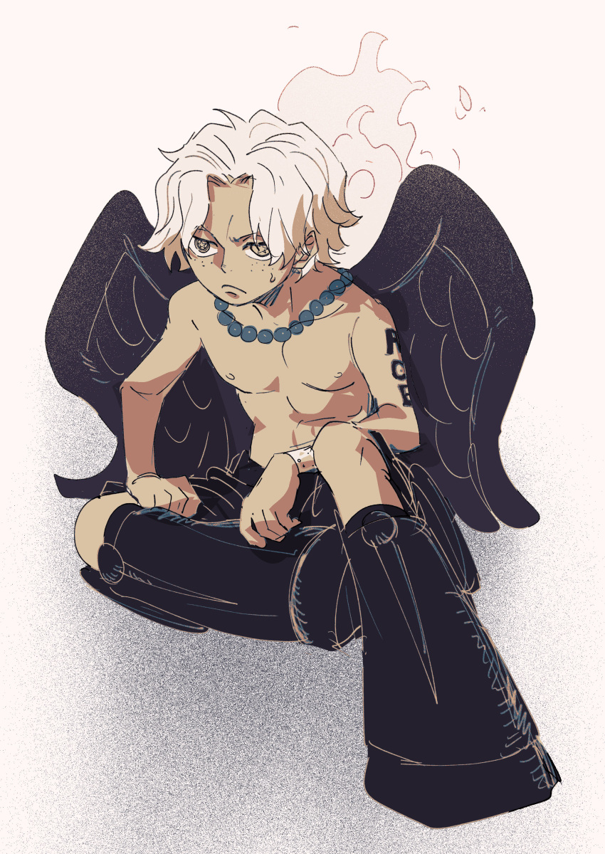 1boy absurdres aged_down black_wings boots dark-skinned_male dark_skin ezui fire freckles highres jewelry male_focus necklace one_piece portgas_d._ace seraphim_(one_piece) shota simple_background solo star-shaped_pupils star_(symbol) symbol-shaped_pupils tattoo topless_male white_hair wings