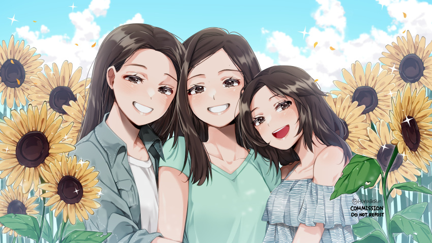 3girls absurdres bare_shoulders breasts brown_eyes brown_hair clouds commentary commission field flower flower_field frilled_shirt frills grey_jacket grin hanaberin highres jacket medium_breasts multiple_girls open_mouth original petals shirt smile sparkle sunflower sunflower_field twitter_username watermark