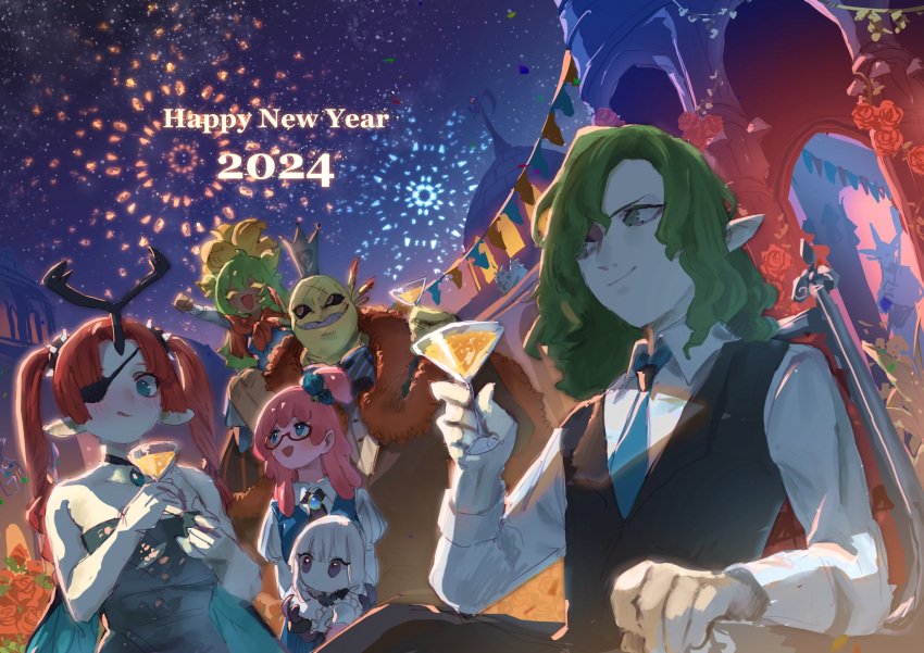 2024 3boys 3girls antlers architecture banner blending blue_dress blue_eyes character_request cocktail_glass cup dress drinking_glass dutch_angle eyepatch fireworks green_eyes green_hair hair_over_one_eye hairband happy_new_year highres holding holding_cup multiple_boys multiple_girls okame_nin original outdoors pale_skin pink_hair pointy_ears redhead single_antler sitting spiked_hairband spikes standing suit twintails white_hair wide_shot