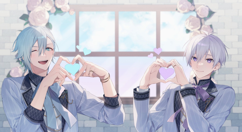 2boys aiue_o_eiua backlighting blue_bow blue_bowtie blue_eyes blue_hair blurry blurry_background bow bowtie bracelet brick_wall closed_mouth commentary_request flower heart heart_hands highres idolish7 jewelry light_blue_hair long_sleeves looking_at_viewer male_focus mezzo" multiple_boys one_eye_closed open_mouth osaka_sougo pinstripe_pattern pinstripe_suit purple_bow purple_bowtie purple_hair ring rose shirt sleeves_rolled_up smile striped suit upper_body violet_eyes white_flower white_rose white_shirt white_suit window yotsuba_tamaki