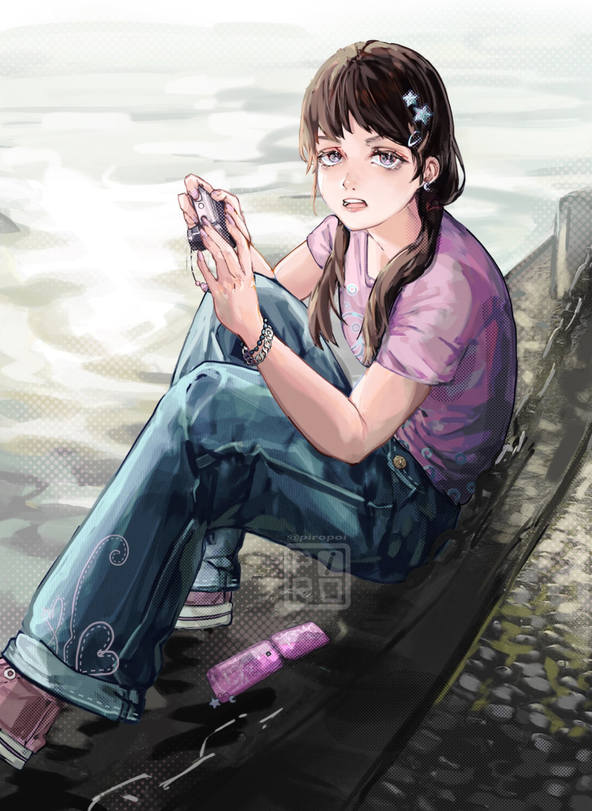 1girl black_hair blue_pants bracelet camera cellphone chain chainsaw_man commentary denim earrings flip_phone hair_ornament hairclip highres holding holding_camera jeans jewelry looking_at_viewer mitaka_asa pants phone photo-referenced pink_eyes pink_shirt piro_(piropoi) shirt shoes sitting sneakers solo star_(symbol) star_hair_ornament watermark