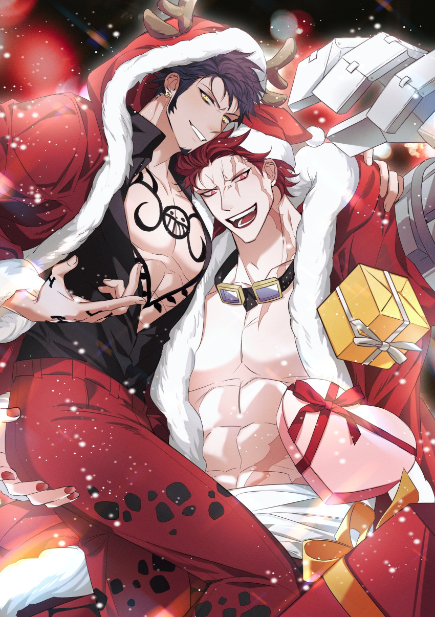2boys absurdres bishounen black_hair box chest_tattoo christmas earrings eustass_kid facial_hair finger_tattoo gift gift_box hand_tattoo hat highres jaguar_print jewelry long_sideburns looking_at_viewer male_focus merry_christmas multiple_boys muscular muscular_male one_piece op_chestnut panther_print pants red_nails redhead santa_costume santa_hat scar scar_on_chest scar_on_face short_hair sideburns smile tan tattoo trafalgar_law