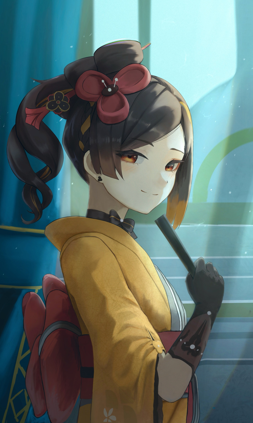 1girl absurdres black_gloves brown_eyes brown_hair chiori_(genshin_impact) commentary_request earrings from_side genshin_impact gloves haruhachiya highres holding indoors japanese_clothes jewelry kimono long_hair looking_at_viewer obi ponytail red_sash sash smile solo upper_body yellow_kimono