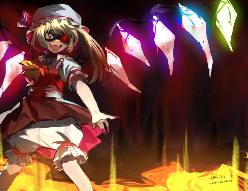 1girl absurdres artist_name ascot blonde_hair bloomers collared_shirt commentary commeowdore crazy_eyes dated english_commentary feet_out_of_frame flandre_scarlet frilled_shirt_collar frilled_sleeves frills glowing glowing_eye glowing_wings hat hat_ribbon highres long_hair looking_at_viewer mob_cap one_side_up puffy_short_sleeves puffy_sleeves red_background red_eyes red_ribbon red_skirt red_vest redrawn ribbon ribbon-trimmed_headwear ribbon_trim shirt short_sleeves skirt skirt_set solo touhou vest white_bloomers white_headwear white_shirt wings yellow_ascot