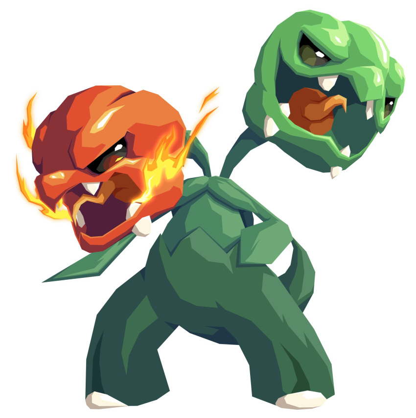 colored_skin everyp0ke fangs fire green_pepper green_skin highres multiple_heads no_humans pokemon pokemon_(creature) red_pepper scovillain solo tail
