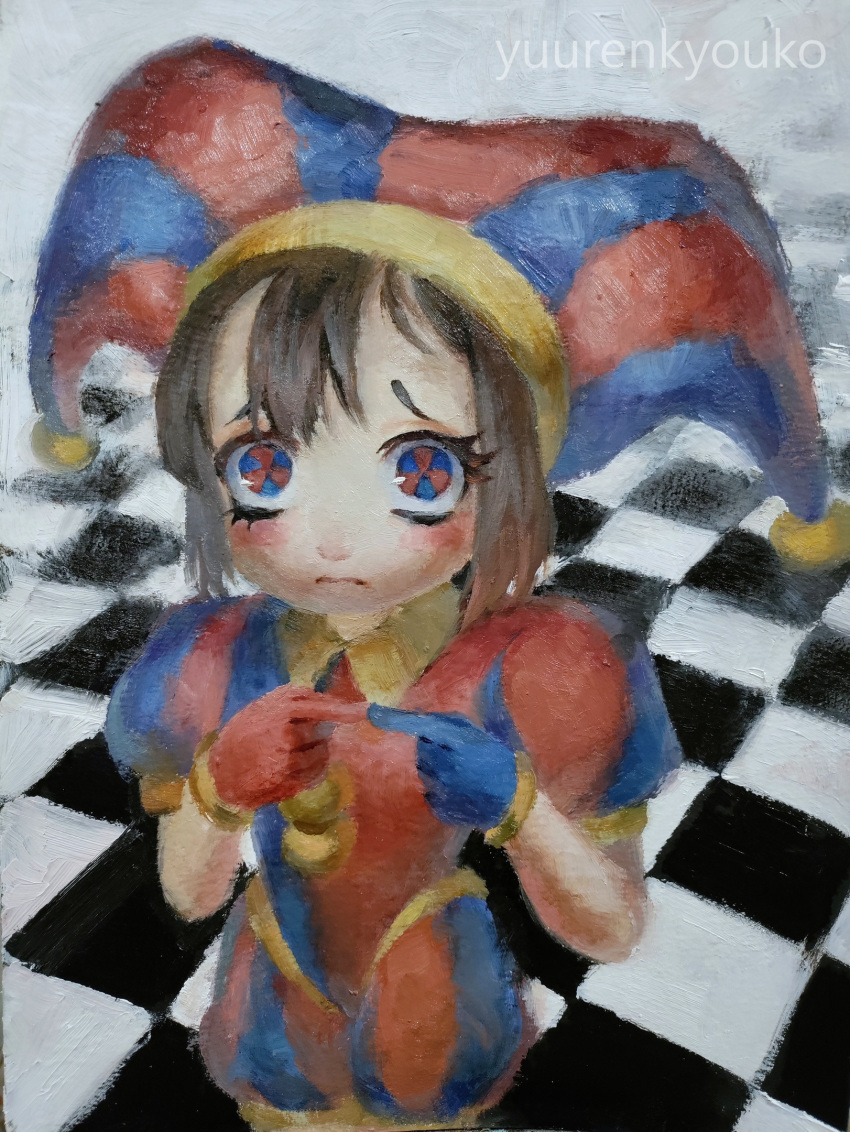 artist_name asymmetrical_gloves blue_gloves blush breasts brown_hair checkered_floor closed_mouth commentary english_commentary frown gloves hat highres jester jester_cap looking_at_viewer medium_hair multicolored_eyes oil_painting_(medium) own_hands_together painting_(medium) pomni_(the_amazing_digital_circus) puffy_short_sleeves puffy_sleeves red_gloves short_sleeves small_breasts the_amazing_digital_circus traditional_media upper_body yuuren_kyouko