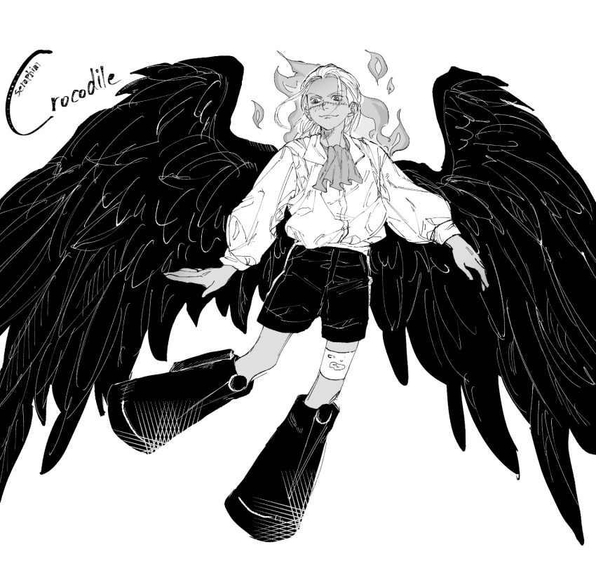 1boy black_wings character_name crocodile9_5 dark_skin greyscale hair_slicked_back highres male_focus monochrome one_piece s-crocodile scar scar_on_face seraphim_(one_piece) shirt simple_background smile solo star-shaped_pupils star_(symbol) symbol-shaped_pupils white_shirt wings