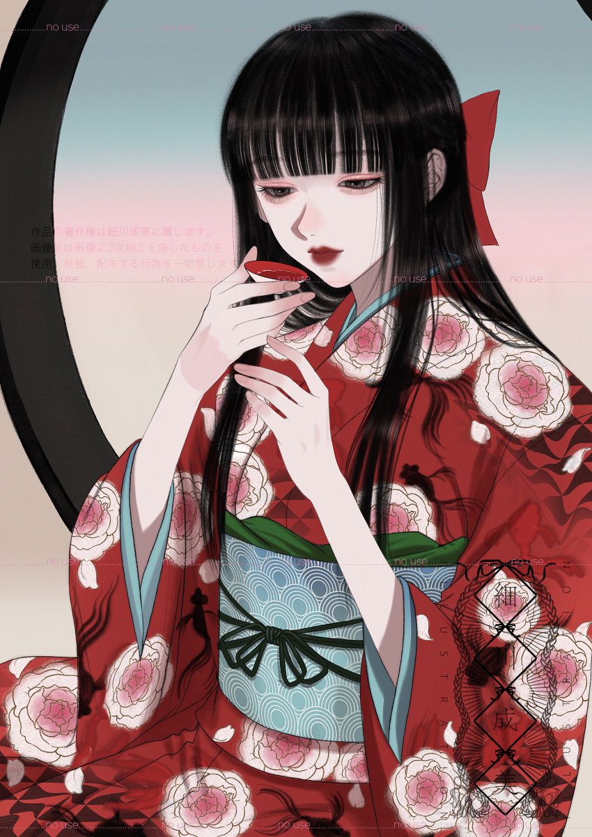 1girl artist_name black_hair blue_background blue_sash blunt_bangs blush bow bowl closed_mouth commentary_request diamond_(shape) eyeshadow fingernails floral_print gradient_background grey_background grey_eyes hair_bow highres holding holding_bowl japanese_clothes kimono lipstick long_hair looking_at_object looking_down makeup multicolored_background narumi_hosokawa nose_blush obi original pale_skin pink_background pink_eyeshadow pink_nails print_sash red_bow red_kimono red_lips sash solo triangle_print upper_body watermark wide_sleeves
