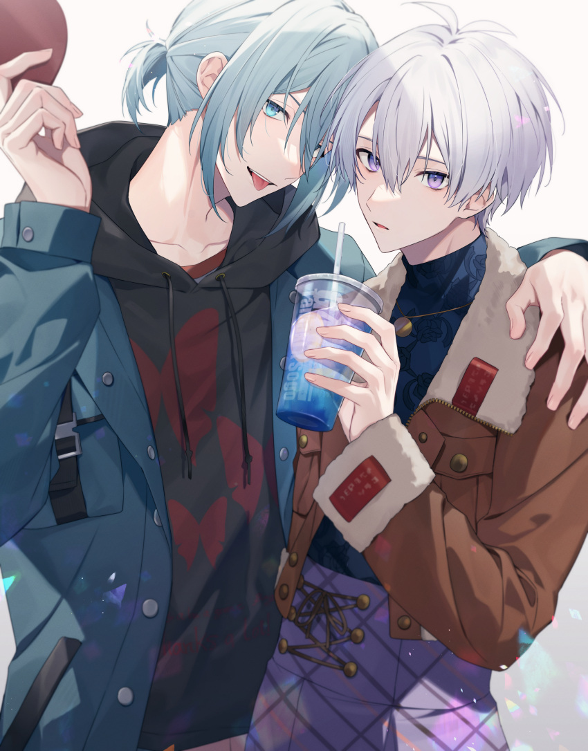 2boys :p absurdres aiue_o_eiua arm_around_shoulder black_hoodie blue_coat blue_eyes blue_hair brown_jacket coat commentary_request cup drinking_straw fur_trim gradient_background hand_up highres holding holding_cup hood hoodie idolish7 jacket light_blue_hair looking_at_viewer male_focus multiple_boys osaka_sougo pants parted_lips purple_hair purple_pants short_hair short_ponytail simple_background smile teeth tongue tongue_out violet_eyes yotsuba_tamaki