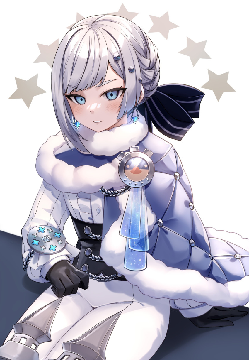 1girl absurdres akershus_fortress_(oshiro_project) badge black_gloves black_ribbon blue_cape blue_cloak blue_eyes bodysuit braid cape center_frills cloak corset earrings fluff frilled_shirt frills fur-trimmed_cape fur-trimmed_cloak fur_trim gloves grey_hair hair_ornament highres jewelry kito_koruta long_sleeves oshiro_project:re padded_cloak puffy_long_sleeves puffy_sleeves ribbon shirt simple_background sitting solo star_(symbol) swept_bangs thighs tight_clothes white_background white_bodysuit white_shirt