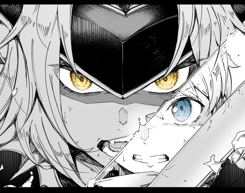 1boy 1girl blue_eyes boss_fight check_commentary clenched_teeth close-up commentary_request dragon_ears dragon_girl embers fangs fins granberia head_fins highres imminent_fight kawahara0527 letterboxed luka_(mon-musu_quest!) mon-musu_quest! monochrome monster_girl open_mouth pointy_ears portrait reflection reflective_weapon short_hair spot_color straight-on sweat sword teeth tongue weapon yellow_eyes