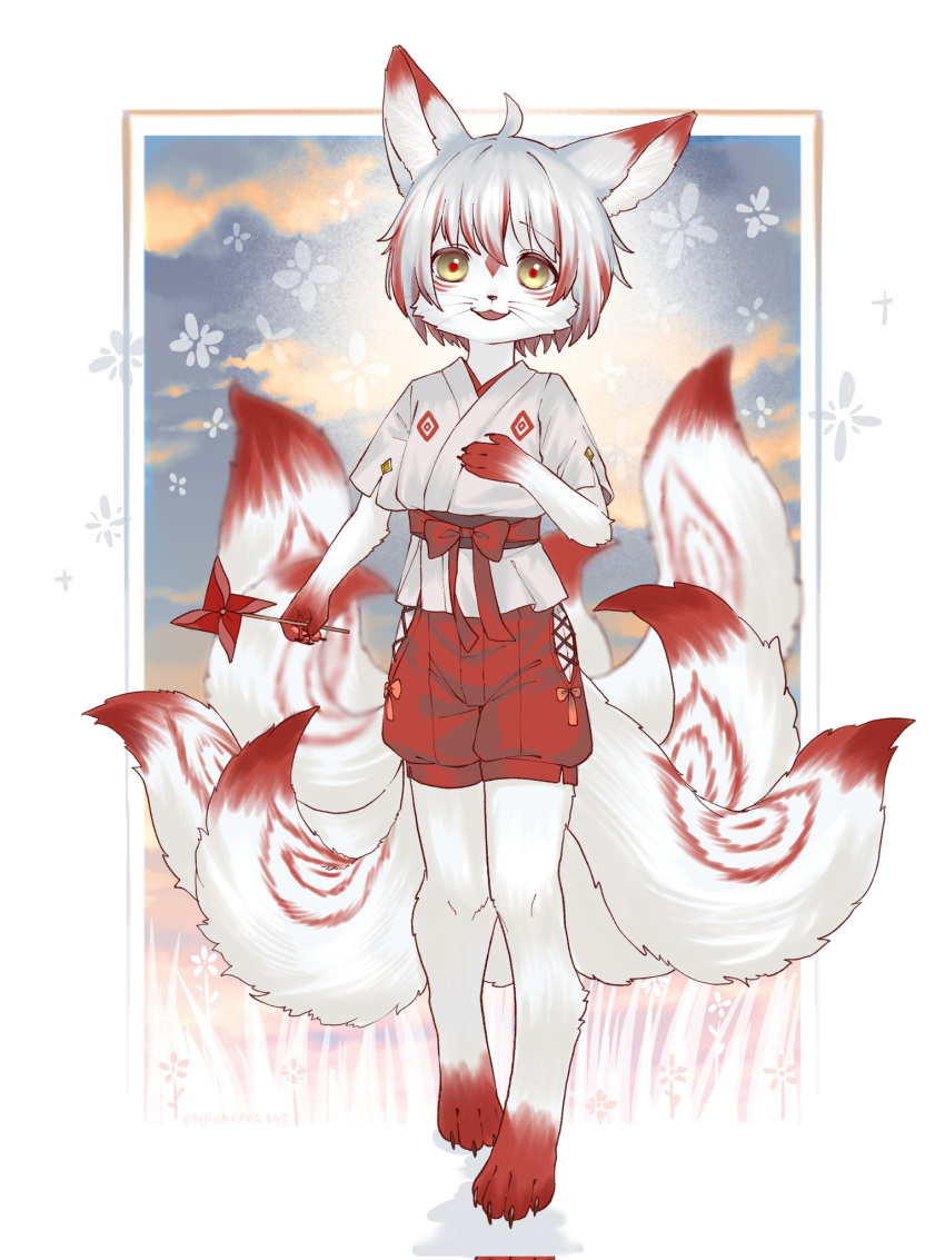 1boy :3 ahoge animal_ears animal_feet animal_hands baggy_shorts blue_background body_fur claws clouds cloudy_sky colored_sclera digitigrade fewer_digits fox_boy fox_ears fox_tail full_body furry furry_male grass hand_up highres hip_vent holding_pinwheel inset_border japanese_clothes kitsune kyuubi looking_at_viewer male_focus miko multicolored_hair multiple_tails nontraditional_miko open_mouth original outdoors outside_border pigeon-toed pinwheel red_fur red_ribbon red_sclera red_shorts redhead ribbon sabuneko2645 short_hair short_sleeves shorts sky solo standing streaked_hair tail whiskers white_fur white_hair yellow_eyes
