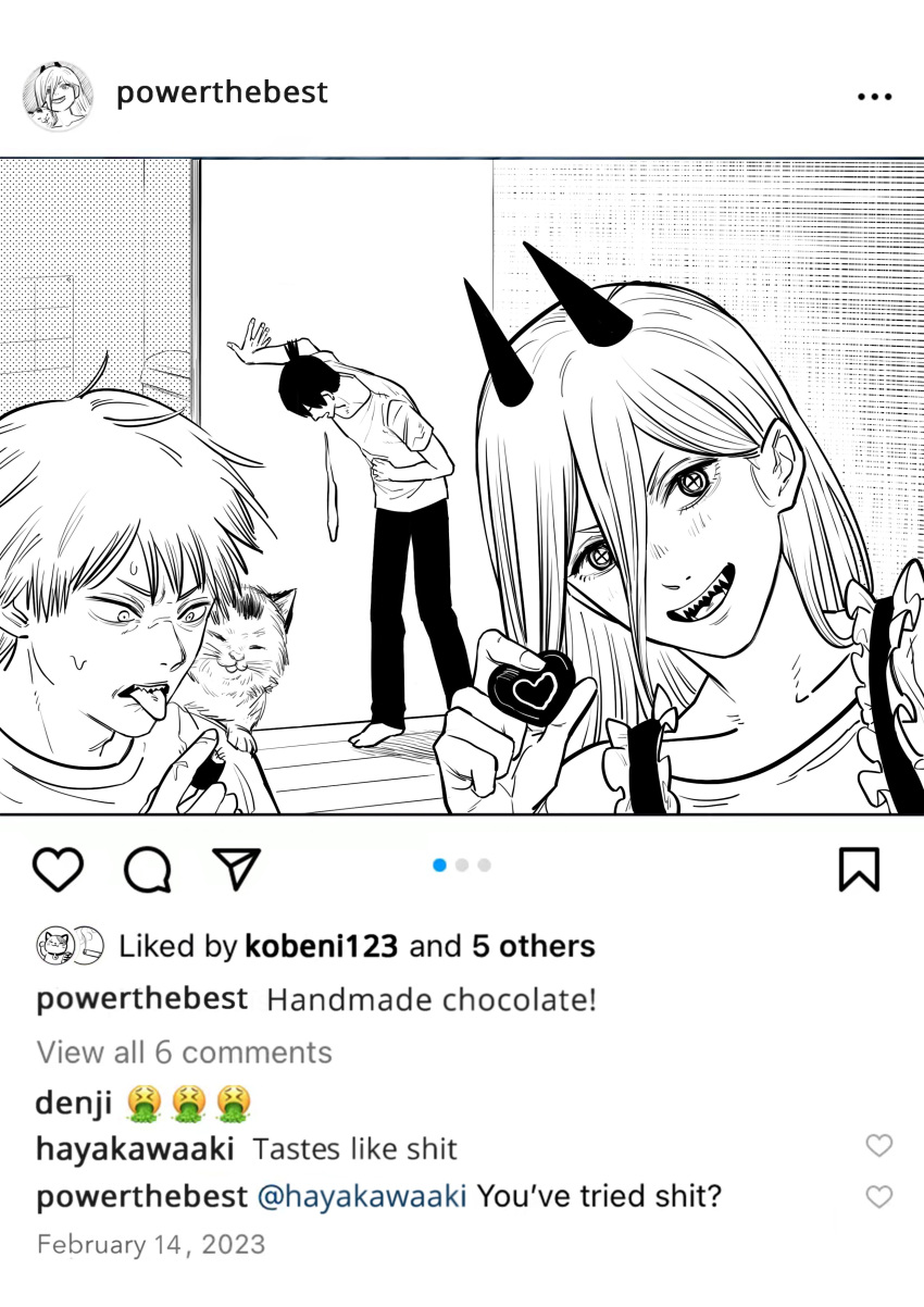 1girl 2boys absurdres animal_on_shoulder candy cat cat_on_shoulder chainsaw_man chocolate cross-shaped_pupils denji_(chainsaw_man) disgust english_text fake_screenshot fangs food frills greyscale hair_between_eyes hayakawa_aki heart heart-shaped_chocolate highres horns instagram kiunchiku meowy_(chainsaw_man) monochrome multiple_boys power_(chainsaw_man) sharp_teeth sweat symbol-shaped_pupils teeth tongue tongue_out topknot vomiting