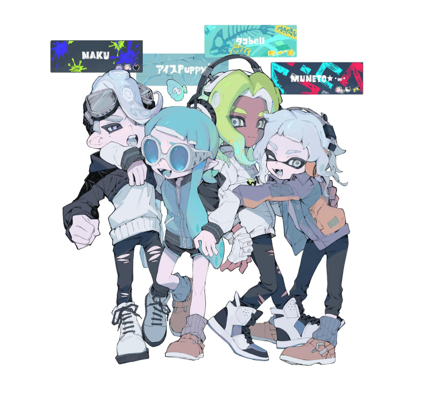 2boys 2girls black_pants blue_hair closed_mouth eyebrow_cut fingerless_gloves gloves green_hair headphones highres inkling inkling_girl inuyama_(inuhill) long_hair long_sleeves looking_at_viewer mole mole_under_eye multiple_boys multiple_girls octoling octoling_boy one_eye_closed open_clothes open_mouth pants pointy_ears round_eyewear shorts smile splatoon_(series) torn_clothes torn_pants violet_eyes white_background