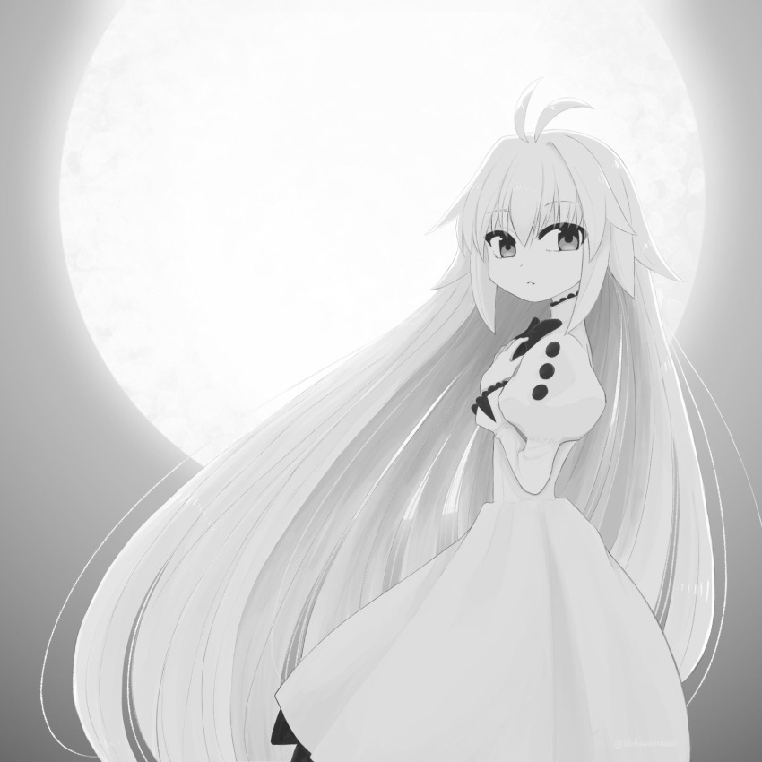 1girl antenna_hair arcueid_brunestud bow bowtie dress eco-arc expressionless full_moon greyscale highres ichikawahonzen juliet_sleeves long_hair long_sleeves looking_at_viewer monochrome moon puffy_sleeves solo tsukihime tsukihime_(remake) upper_body very_long_hair