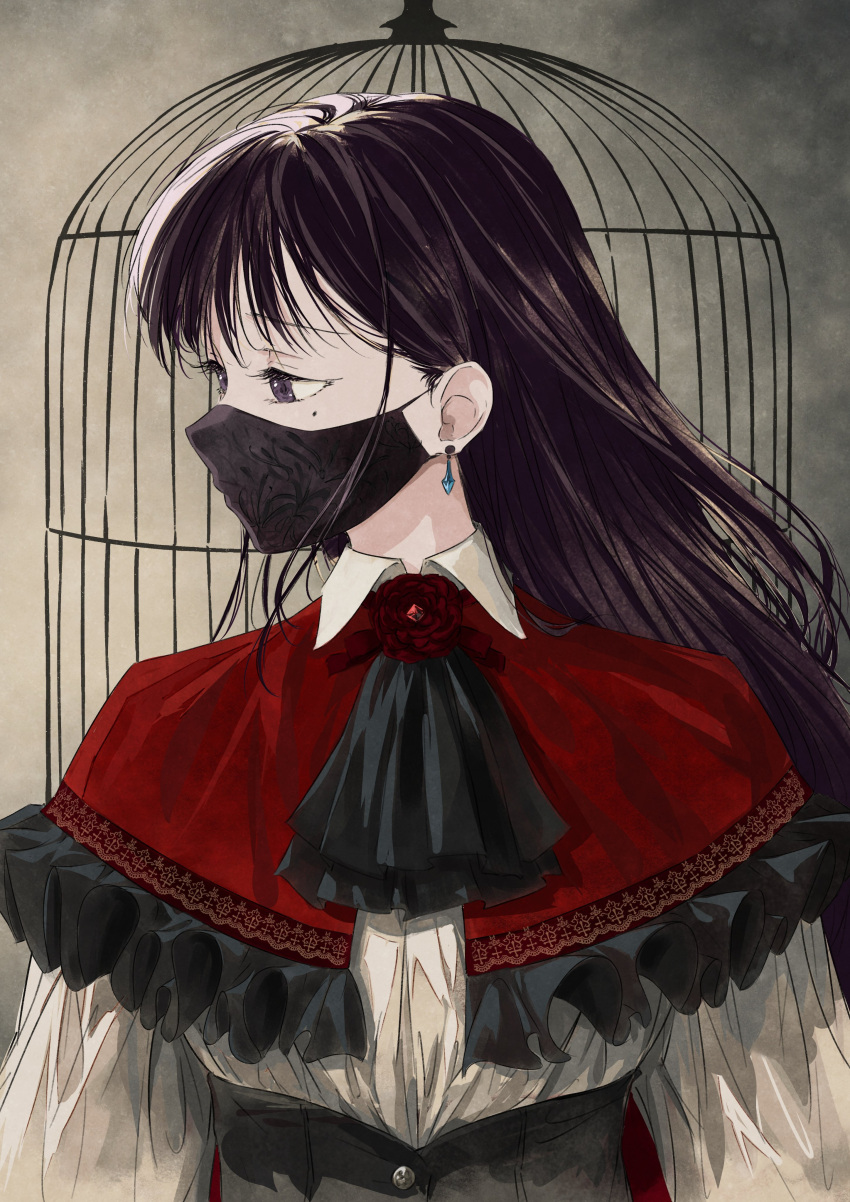 1girl absurdres ascot bang_dream! bang_dream!_it's_mygo!!!!! birdcage black_ascot brown_hair cage capelet collared_shirt commentary corset earrings english_commentary frills highres jewelry long_hair looking_to_the_side mask mole mole_under_eye mouth_mask neck_flower raito_taisha red_capelet shiina_taki shirt solo upper_body violet_eyes
