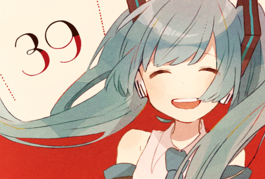1girl 39 blue_hair closed_eyes collared_shirt detached_sleeves facing_viewer hair_ornament hatsune_miku headphones highres long_hair necktie open_mouth ponponzutea shirt sleeveless sleeveless_shirt smile solo upper_body vocaloid