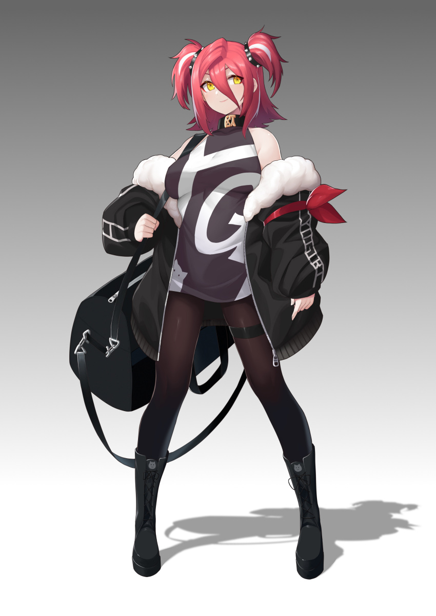 1girl absurdres armband bag boots duffel_bag highres hololive hololive_china jacket multicolored_hair open_clothes open_jacket pantyhose red_armband redhead shadow short_hair simple_background sleeveless smile solo spikes standing streaked_hair thigh_strap twintails two-tone_hair virtual_youtuber white_hair yellow_eyes yogiri_(hololive) z-jun.dd-zhong