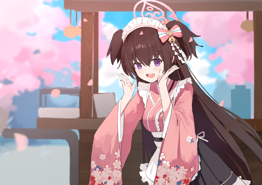 absurdres akita-kun apron bell blue_archive blue_skirt bow brown_hair calling cherry_blossoms day falling_petals floral_print food_stand frilled_apron frilled_kimono frills hair_bell hair_bow hair_ornament halo highres japanese_clothes kimono long_hair maid maid_headdress outdoors petals pink_bow pink_halo pink_kimono ribbon shizuko_(blue_archive) skirt two_side_up very_long_hair violet_eyes wa_maid waist_apron white_apron wide_sleeves
