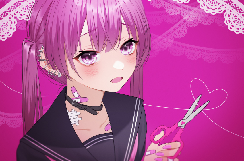 1girl bandaid bandaid_on_hand bandaid_on_neck blush collar earrings heart heart_of_string highres holding holding_scissors jewelry long_hair looking_at_viewer multiple_piercings nail_polish open_mouth original piercing pink_background purple_hair school_uniform scissors serafuku smile solo spiked_ear_piercing twintails upper_body violet_eyes wanko_(yurika0320)
