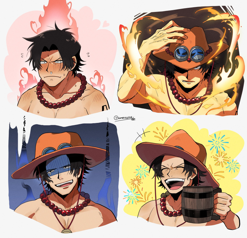 1boy absurdres alcohol angry bead_necklace beads beer black_hair closed_eyes cowboy_hat embarrassed fire freckles hat highres jewelry kameoka908 laughing log_pose male_focus necklace one_piece portgas_d._ace smile solo tattoo topless_male