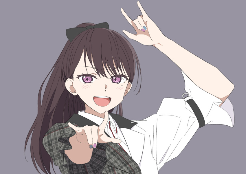 1girl :d \m/ absurdres bang_dream! bang_dream!_it's_mygo!!!!! belt black_bow blush bow brown_hair cherry_bomb_(love_live!) collared_shirt commentary cosplay double_\m/ grey_background hair_bow hayashi_coco high_ponytail highres jacket long_hair looking_at_viewer love_live! love_live!_nijigasaki_high_school_idol_club mole mole_under_eye nail_polish open_mouth raito_taisha shiina_taki shirt simple_background smile solo symbol-only_commentary teeth upper_teeth_only voice_actor_connection yuuki_setsuna_(love_live!) yuuki_setsuna_(love_live!)_(cosplay)