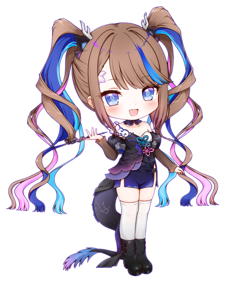 1girl airi_kanna antlers black_footwear blue_eyes blue_hair blush boots breasts brown_hair brown_sleeves chibi choker dragon_girl dragon_horns dragon_tail forehead_tattoo full_body gelulu hair_intakes heart heart_choker highres holding holding_smoking_pipe horns long_hair long_sleeves looking_at_viewer multicolored_hair open_mouth purple_hair simple_background skirt smile smoking_pipe solo stellive streaked_hair swept_bangs tail teeth thigh-highs twintails upper_teeth_only very_long_hair white_background