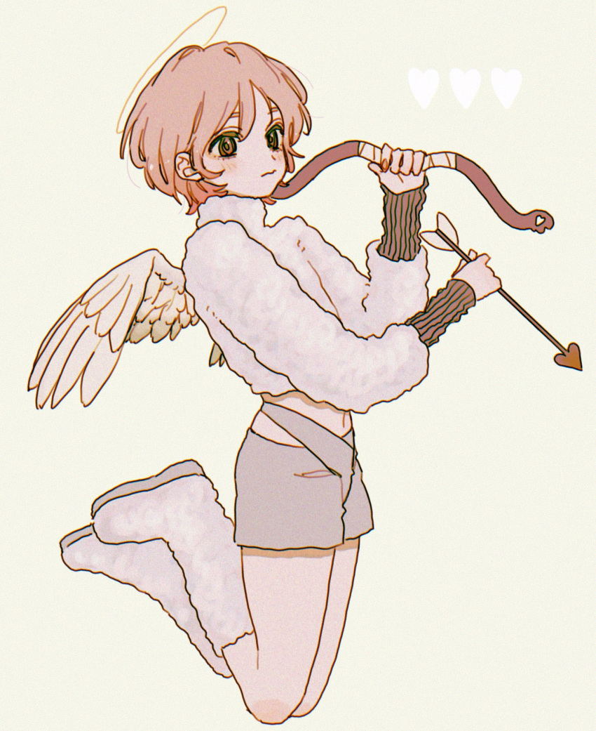 arrow_(projectile) bom_(gbombom7) boots bow_(weapon) commentary cupid gender_request halo heart highres holding holding_arrow holding_bow_(weapon) holding_weapon legs_up original short_hair simple_background solo symbol-only_commentary weapon wings