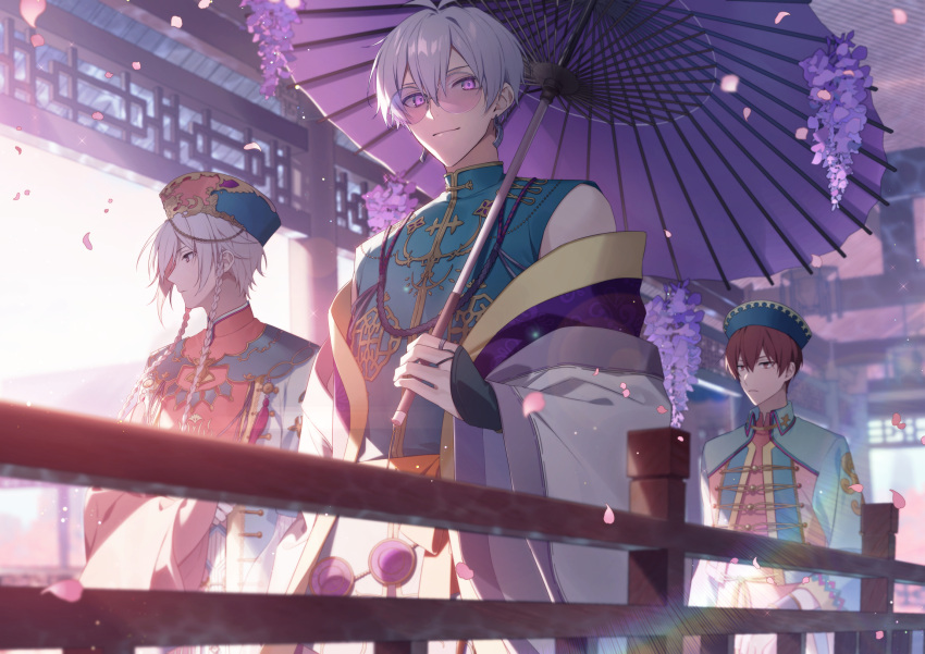 3boys aiue_o_eiua alternate_costume alternate_hairstyle architecture braid braided_sidelock brown_eyes brown_hair chinese_clothes commentary_request cowboy_shot east_asian_architecture flower frown green_headwear green_jacket green_shirt hat highres holding holding_umbrella idolish7 inumaru_toma jacket kujou_tenn looking_at_viewer looking_to_the_side male_focus multiple_boys oil-paper_umbrella osaka_sougo pink-tinted_eyewear purple_flower purple_hair railing shirt short_hair sunglasses tinted_eyewear twin_braids umbrella upper_body violet_eyes white_hair