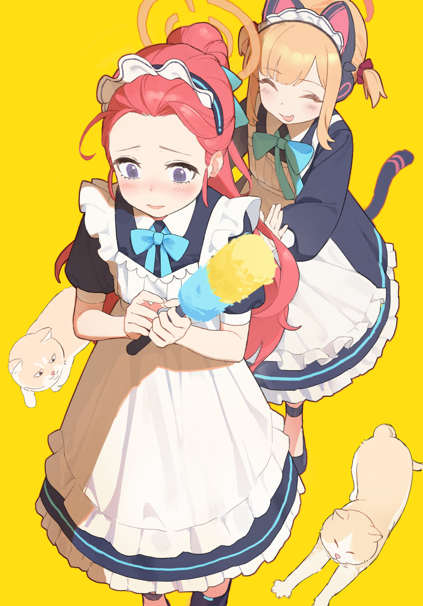 absurdres animal animal_ear_headphones animal_ears apron black_dress blonde_hair blue_archive blush cat cat_ear_headphones closed_eyes dress duster fake_animal_ears frilled_apron frills halo headphones highres holding holding_duster long_hair long_sleeves maid_headdress momoi_(blue_archive) momoi_(maid)_(blue_archive) multiple_girls parted_lips ponytail redhead short_sleeves simple_background tail white_apron xpsuv yellow_background yuzu_(blue_archive) yuzu_(maid)_(blue_archive)