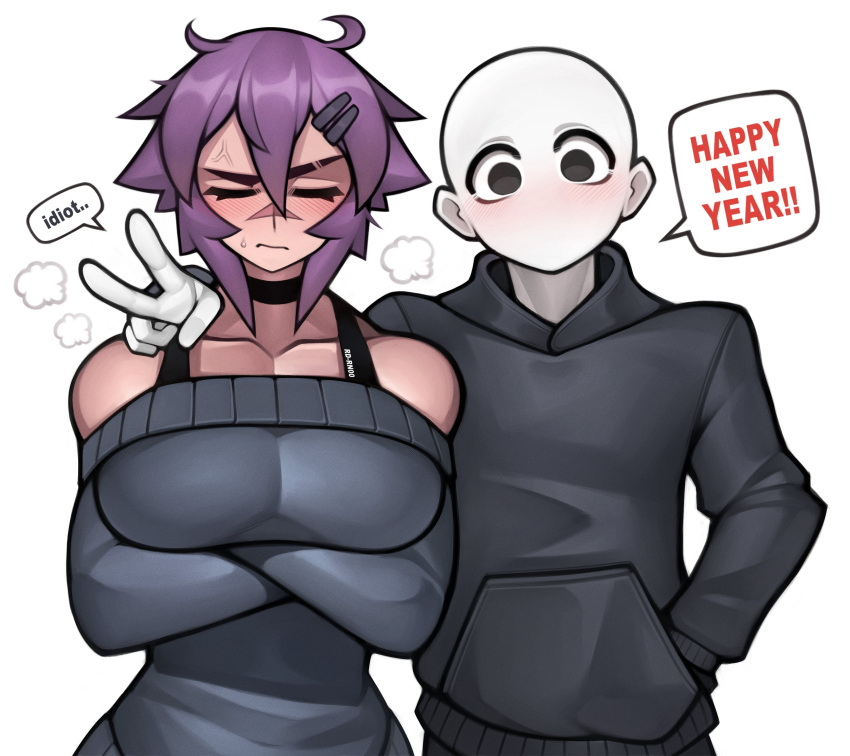 1boy 1girl absurdres anger_vein arm_around_shoulder bald black_choker black_hoodie bra_strap breasts choker collarbone commentary crossed_arms english_commentary english_text grey_sweater hair_between_eyes hair_ornament hairclip hand_in_pocket happy_new_year highres hood hoodie huge_breasts looking_at_viewer maya_(roadi3) no_mouth off-shoulder_sweater off_shoulder original purple_hair roadi3 scar scar_on_face scar_on_nose short_hair speech_bubble sweatdrop sweater v white_background