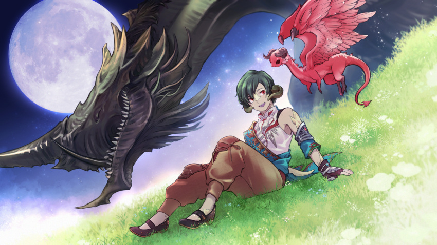 1boy :d arm_support au_ra azdaja_(ff14) black_footwear blue_sash brother_and_sister brown_gloves brown_pants closed_eyes collared_shirt commentary curled_horns detached_sleeves dragon dragon_boy dragon_horns dragon_tail dual_persona dutch_angle feathered_wings final_fantasy final_fantasy_xiv fingerless_gloves from_side full_body full_moon gloves grass green_hair highres horns huge_moon knee_pads knees_up male_focus moon night night_sky on_grass open_mouth outdoors pants reclining red_eyes sash scales second-party_source sharp_teeth shimoina17 shirt shoes short_hair shoulder_sash siblings sky sleeveless sleeveless_shirt smile spiked_tail tail teeth tusks varshahn vrtra white_shirt wings