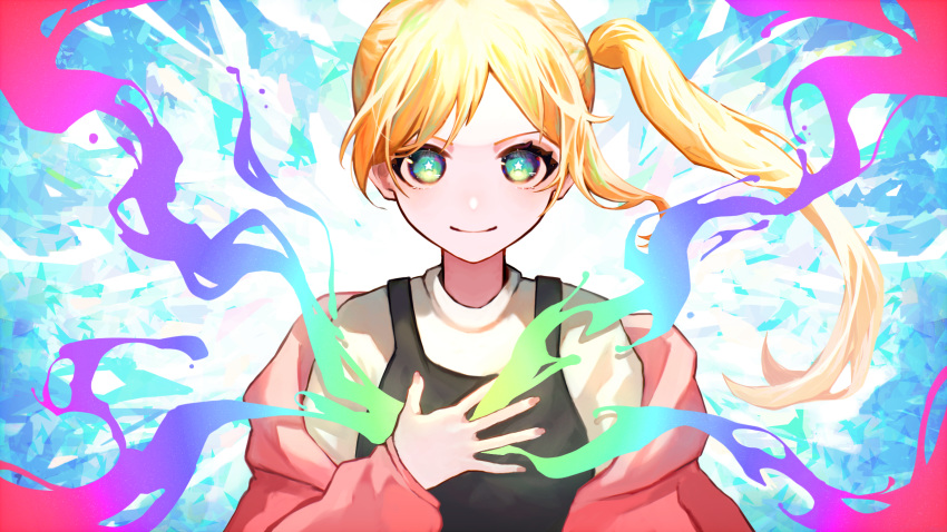 1girl blonde_hair blush green_eyes hand_on_own_chest highres hood hoodie long_hair long_sleeves looking_at_viewer off_shoulder original peperonnronna rainbow_gradient side_ponytail smile solo star-shaped_pupils star_(symbol) straight-on symbol-shaped_pupils upper_body v-shaped_eyebrows