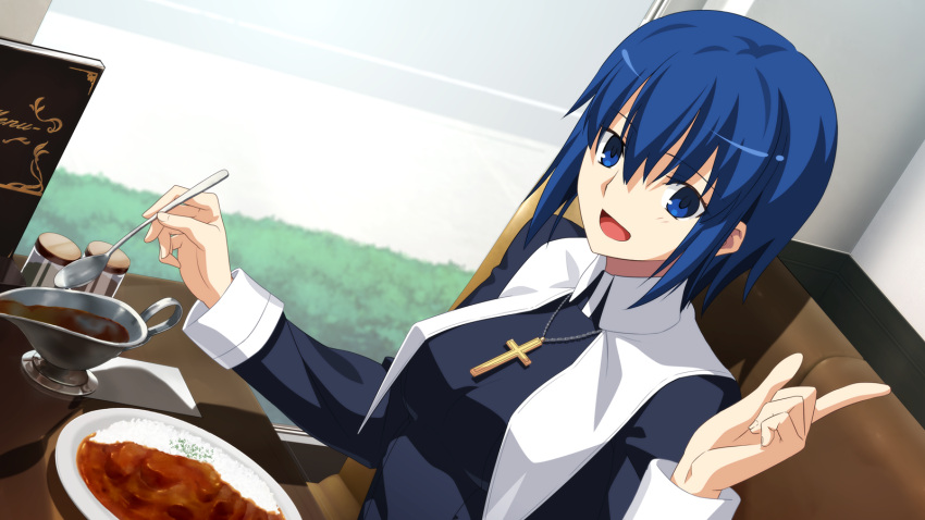 1girl blue_eyes blue_hair ciel_(tsukihime) curry food game_cg highres holding holding_spoon melty_blood melty_blood:_type_lumina nun official_art short_hair sitting spoon takeuchi_takashi tsukihime tsukihime_(remake)