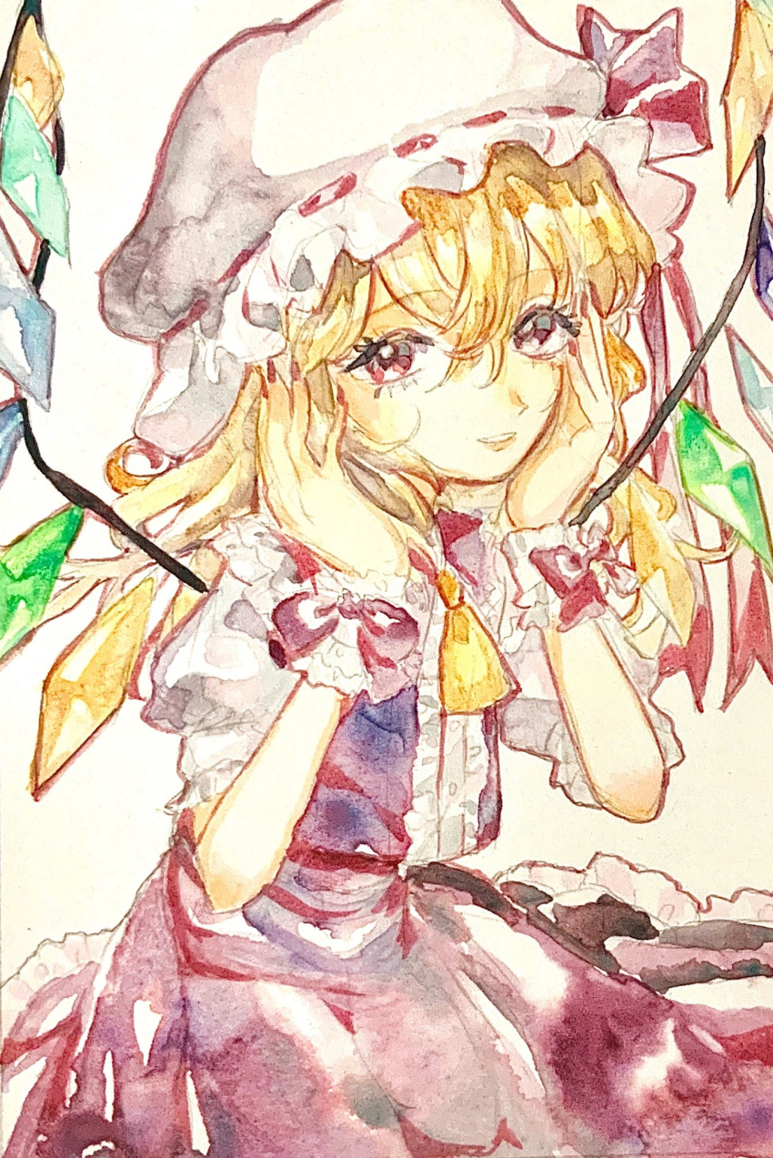 1girl adapted_costume ascot blonde_hair buttons center_frills cowboy_shot crystal flandre_scarlet frilled_skirt frills hair_between_eyes hands_on_own_cheeks hands_on_own_face hat hat_ribbon highres looking_at_viewer medium_hair mob_cap multicolored_wings nail_polish navybluesparrow open_mouth painting_(medium) puffy_short_sleeves puffy_sleeves red_eyes red_nails red_ribbon red_skirt red_vest ribbon ribbon-trimmed_headwear ribbon_trim shirt short_sleeves simple_background skirt solo teeth touhou traditional_media upper_teeth_only vest watercolor_(medium) white_background white_headwear white_shirt wings yellow_ascot