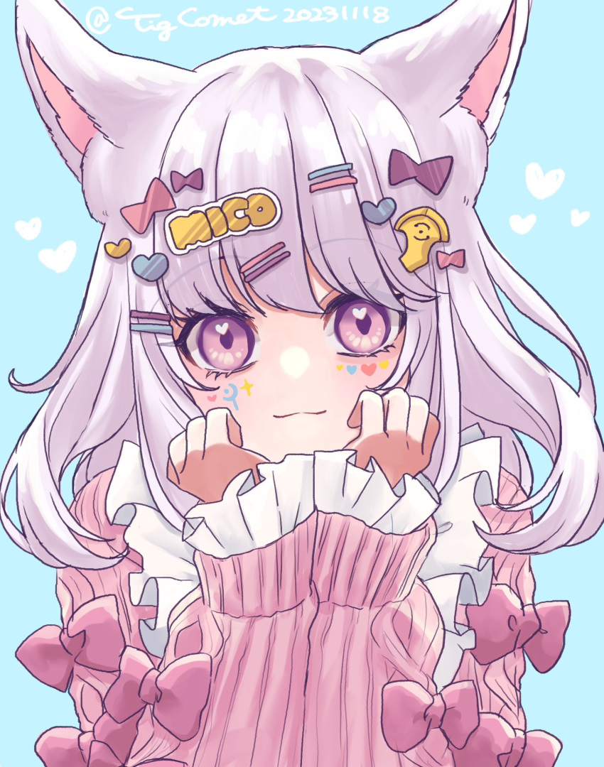 1girl :3 animal_ears apron arm_ribbon cat_ears chigu_(tigcomet) eyebrows_hidden_by_hair feet_out_of_frame final_fantasy final_fantasy_xiv hair_ornament hairclip head_rest heart heart_tattoo highres light_smile long_hair looking_at_viewer miqo'te pink_eyes pink_hair pink_sweater ribbon signature simple_background solo sweater tattoo upper_body very_long_hair warrior_of_light_(ff14) white_apron