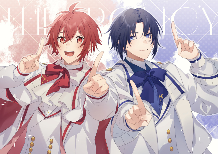2boys aiue_o_eiua blue_background blue_bow blue_bowtie blue_eyes blue_hair blush bow bowtie buttons closed_mouth commentary_request fly_away_(idolish7) highres idolish7 izumi_iori jacket leaning_back looking_at_viewer male_focus multiple_boys nanase_riku open_mouth pointing pointing_up red_background red_bow red_bowtie red_eyes redhead short_hair sidelocks smile two-tone_background upper_body vest white_bow white_bowtie white_jacket white_vest