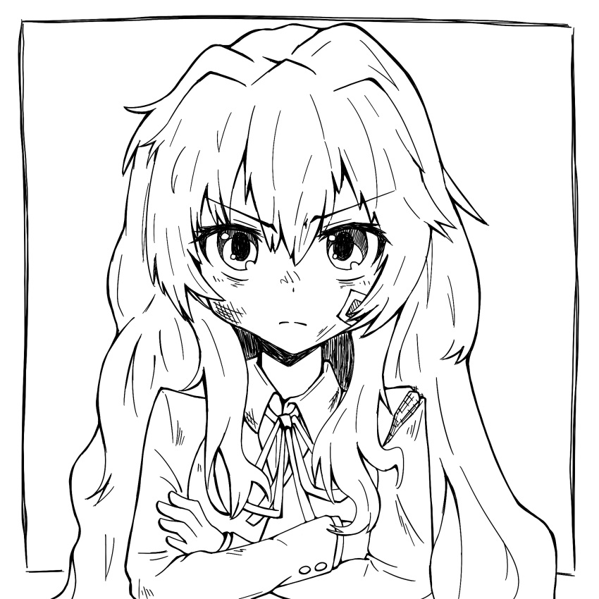 1girl aisaka_taiga blazer border bruise bruise_on_face closed_eyes closed_mouth collared_shirt commentary_request crossed_arms greyscale hair_between_eyes highres injury jacket long_hair long_sleeves looking_at_viewer monochrome moroqoishii neck_ribbon outside_border ribbon shirt solo toradora! torn_clothes torn_jacket upper_body