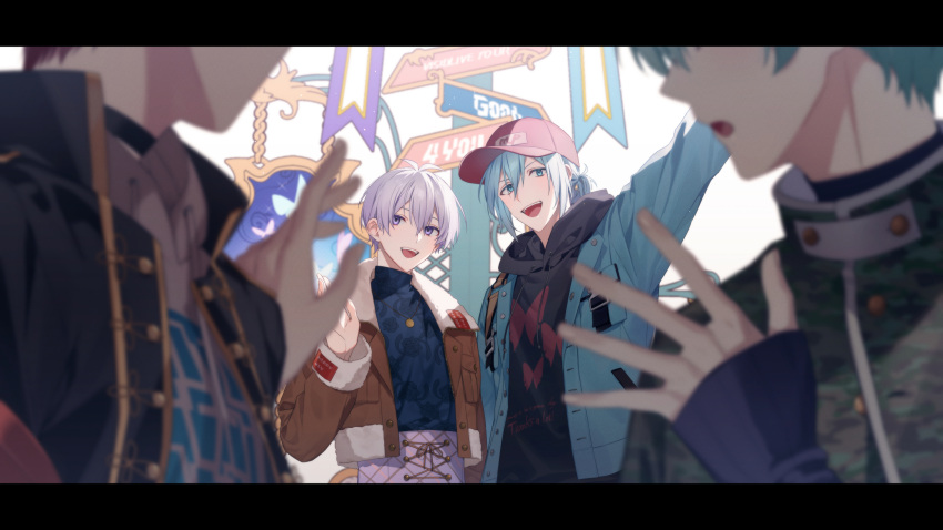 4boys aiue_o_eiua arm_up backlighting baseball_cap black_hoodie black_jacket blue_hair blue_jacket blue_shirt blurry blurry_foreground brown_jacket commentary_request faceless faceless_male flag fur-trimmed_jacket fur_trim green_hair hat highres hood hoodie idolish7 inumaru_toma isumi_haruka jacket letterboxed light_blue_hair looking_at_another looking_back male_focus multiple_boys open_mouth osaka_sougo pants purple_pants red_headwear shaded_face shirt short_hair short_ponytail sidelocks signpost simple_background smile upper_body waving white_background yotsuba_tamaki