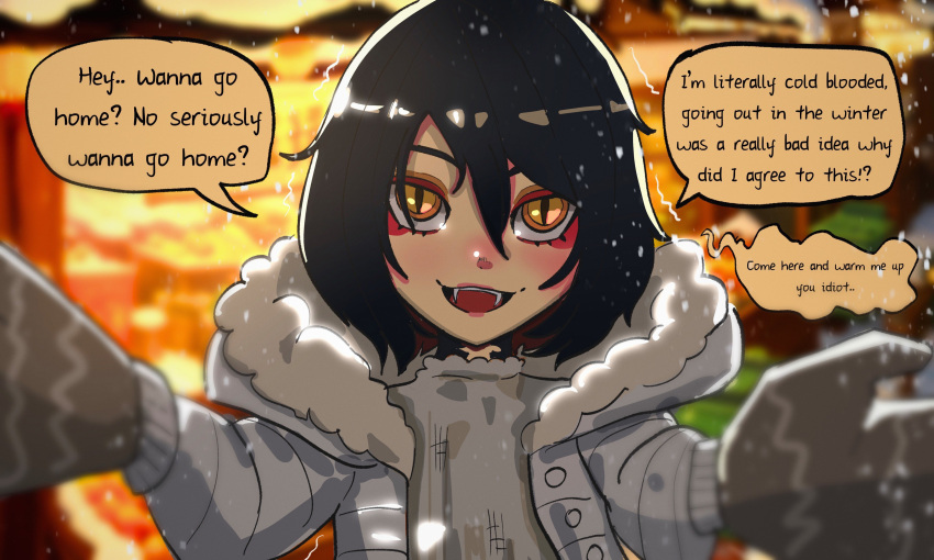 1girl :d absurdres basedbinkie black_hair blush coat cold english_commentary english_text fangs highres incoming_hug looking_at_viewer meme nose_blush original outdoors pov pov_cheek_warming_(meme) reptile_girl short_hair slit_pupils smile solo speech_bubble upper_body winter xiang_(basedbinkie) yellow_eyes