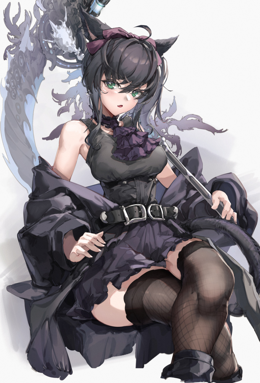 1girl absurdres animal_ears ascot belt black_dress black_thighhighs breasts cat_ears cat_tail crossed_legs dress eyebrows_hidden_by_hair fang feet_out_of_frame final_fantasy final_fantasy_xiv frilled_dress frills green_eyes hair_between_eyes highres holding holding_scythe jacket looking_at_viewer medium_breasts medium_hair miqo'te open_mouth purple_ascot purple_jacket purple_skirt scythe simple_background sitting skirt solo strapless strapless_dress tail thigh-highs thighs warrior_of_light_(ff14) xun_li_eins