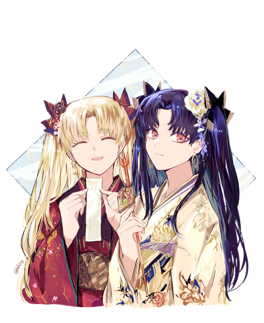 2024 2girls absurdres arrow_(projectile) black_hair blonde_hair closed_eyes earrings ereshkigal_(fate) fate/grand_order fate_(series) gold_earrings hair_ribbon hamaya highres ishtar_(fate) japanese_clothes jewelry kimono long_hair multiple_girls new_year official_alternate_costume parted_bangs portrait red_eyes red_kimono ribbon smile sodamachi tohsaka_rin two_side_up white_background white_kimono