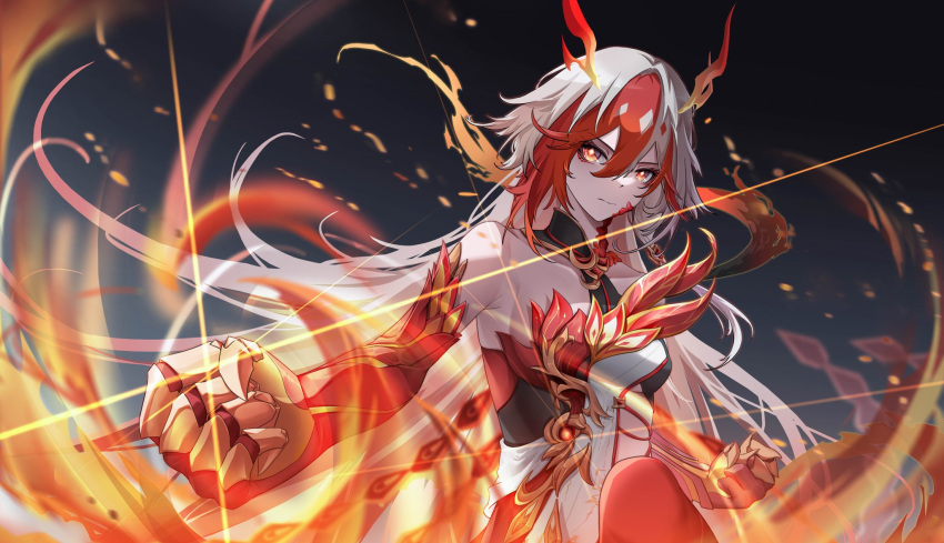 1girl animal_hands bare_shoulders black_sports_bra breasts chinese_clothes claws closed_mouth detached_sleeves egami63978427 elbow_gloves eyeliner fire fu_hua fu_hua_(garuda) gloves hair_between_eyes highres honkai_(series) honkai_impact_3rd long_hair low-tied_long_hair low_twintails makeup medium_breasts multicolored_hair red_eyeliner red_eyes red_gloves red_rope red_scales redhead rope scales solo sports_bra sportswear streaked_hair symbol-shaped_pupils twintails two-tone_hair upper_body very_long_hair white_hair yellow_pupils
