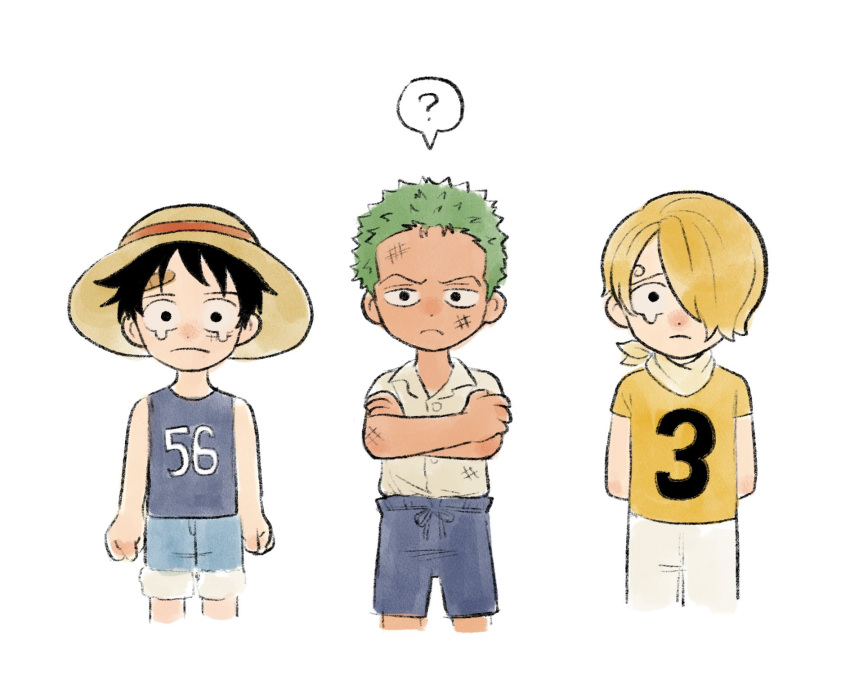 3boys ? aged_down arms_behind_back ascot bandaid bandaid_on_face bandaid_on_forehead blonde_hair child closed_mouth cropped_legs crossed_arms curly_eyebrows dark-skinned_male dark_skin dirty dirty_clothes dirty_face green_hair hair_over_one_eye hat highres male_focus monkey_d._luffy multiple_boys nok_(nok_1) one_piece roronoa_zoro sad sanji_(one_piece) scar scar_on_cheek scar_on_face short_hair simple_background speech_bubble spoken_question_mark straight-on straw_hat tearing_up white_background