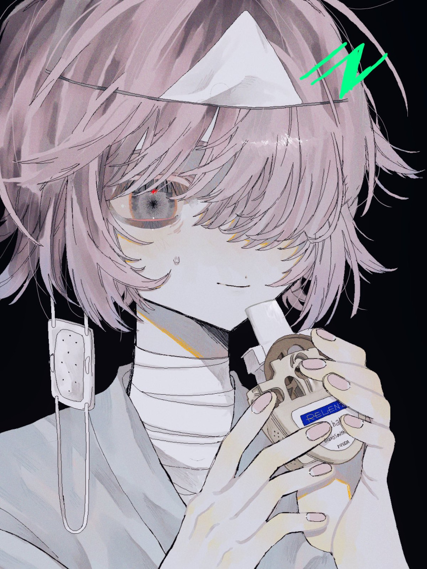 1girl black_background closed_mouth eyepatch hair_over_one_eye hands_up highres holding nail_polish pink_nails short_hair simple_background smile solo sweatdrop triangular_headpiece udo_on unworn_eyepatch